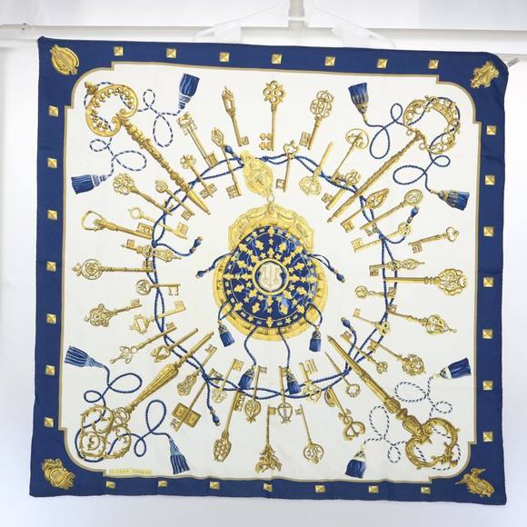 HERMES Carre 90 LES CLES Scarf Silk Navy Auth ki3742 - Picture 12 of 14